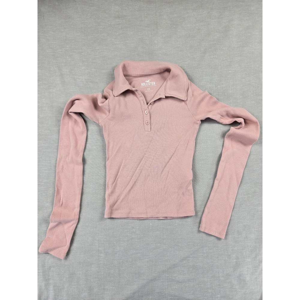 Hollister Must-Have Collection Pink Ribbed Long Sleeveโ Polo Top XXS